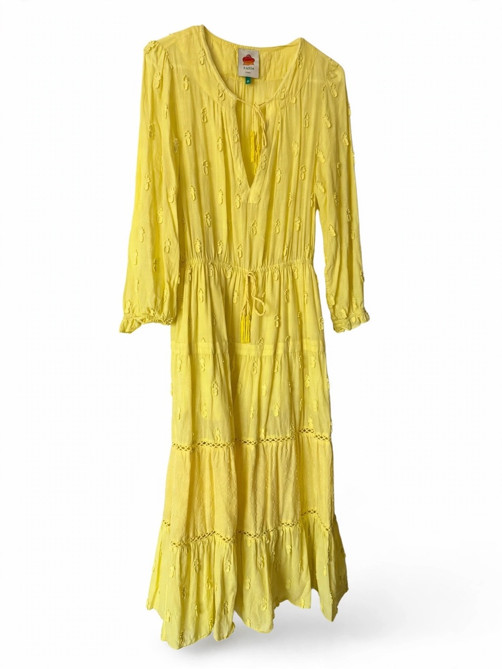 FARM Rio Lemon Yellow Tiered Maxi Dress with Tassel Tie